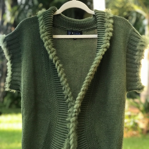 Cardigan Vest Green with Fur Trim - Picture 8 of 8